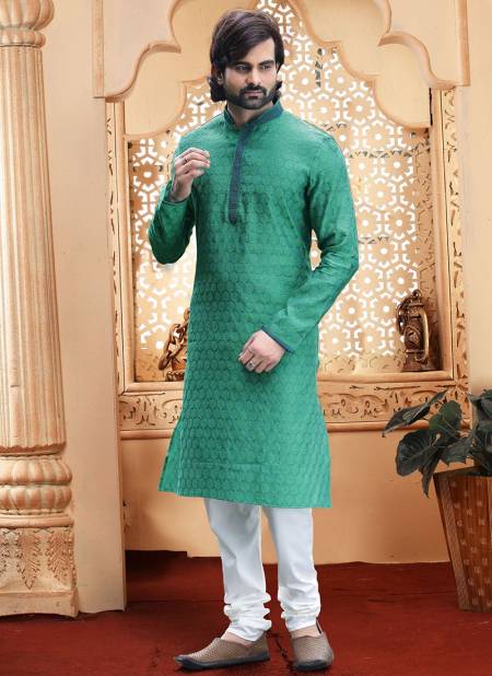 Sea Green Colour Exclusive Party Wear Poly Jacquard Digital Printed Kurta Pajama Mens Collection RH-KP-2